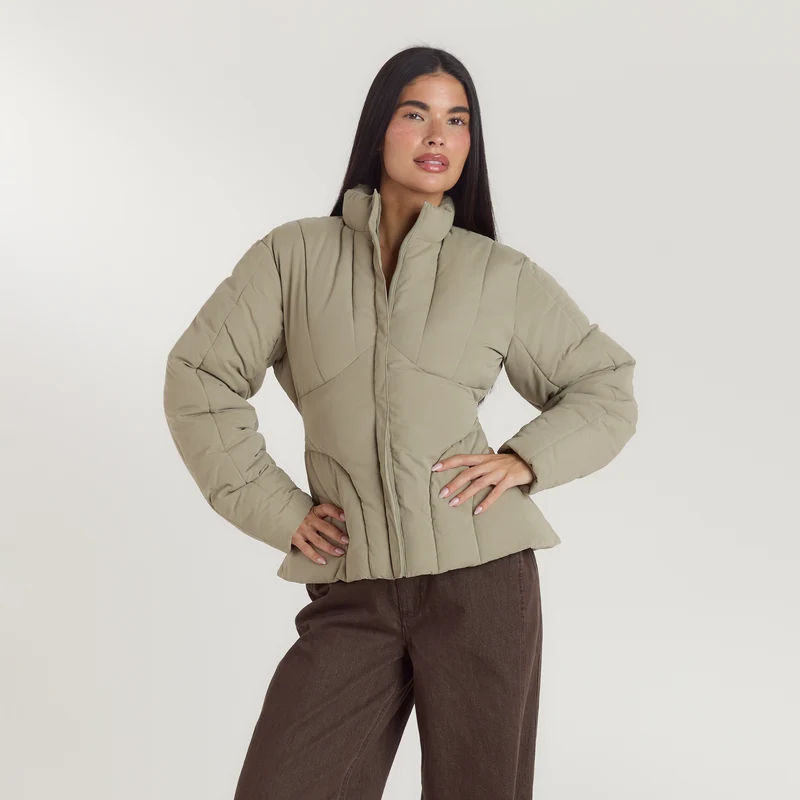 Cinched Puffer Coat - Thyme