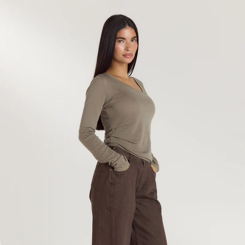 Asymmetric Fine Knit Top - Thyme