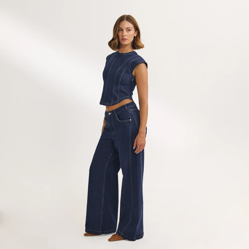 Dipped-Waist Wide-Leg Jeans - Indigo Blue