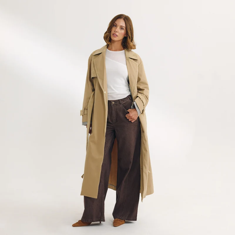 Suedette Trim Trench Coat - Sand