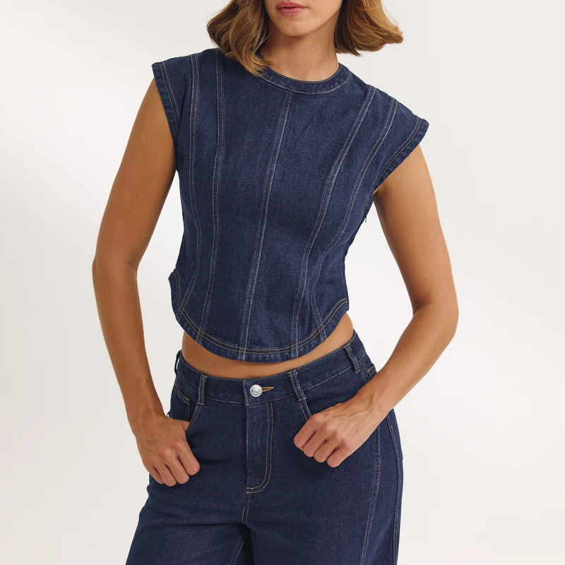 Fitted Denim Top - Indigo Blue