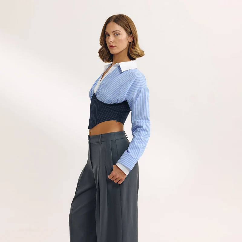 Long-Sleeved Corset Shirt - Blue