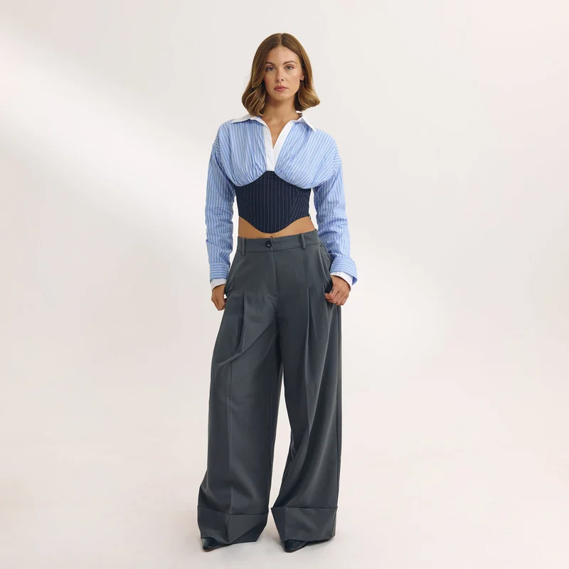 Long-Sleeved Corset Shirt - Blue