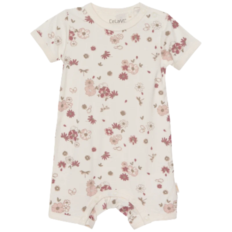 Celavi Jumpsuit mit kurzen Ärmeln und Beinen – Blumen – Rose Cloud