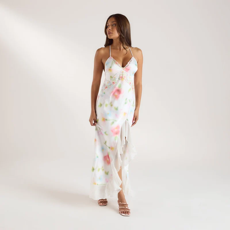 Aurora Printed Satin Maxi Dress - Floral Print