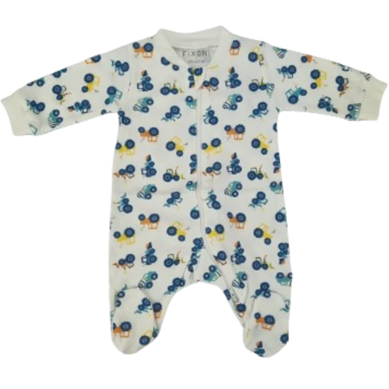 Fixoni Jumpsuit/Nachthemd mit Füßen – Neu Nadja – Traktoren – Weiß