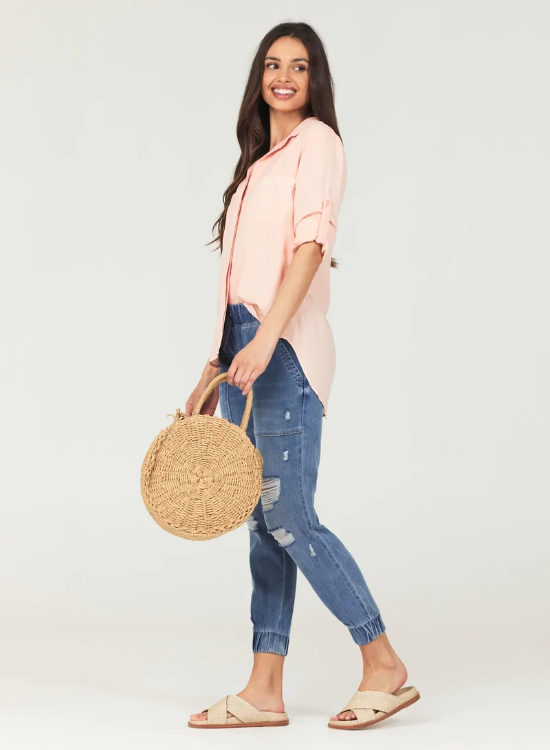 Sunset Coral Split Back Button Down