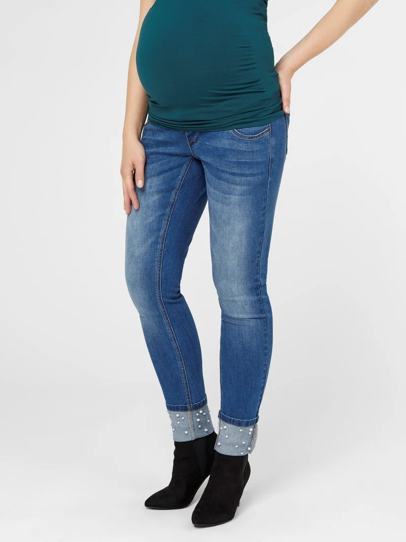 Mamalicious Jeans mit Perlenstickerei - Denim