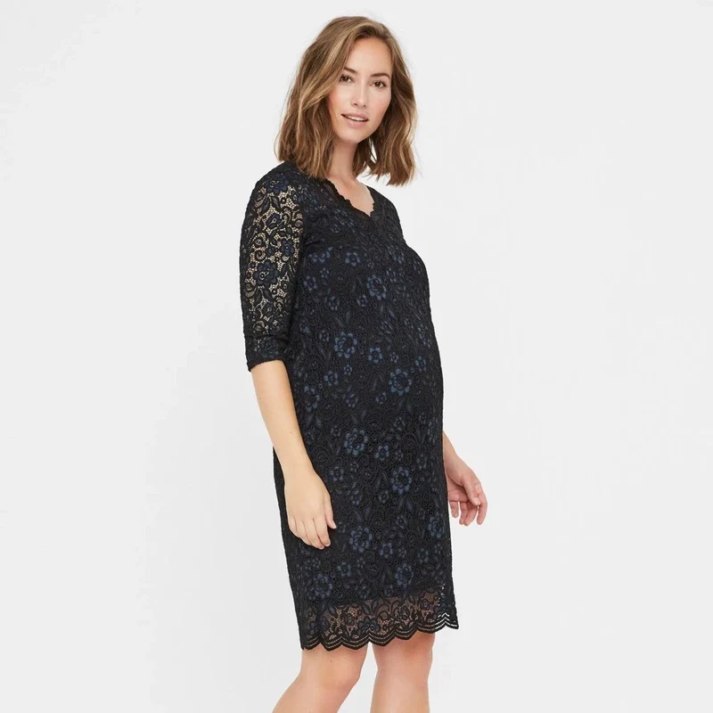 Mamalicious zweifarbiges Umstandskleid aus Spitze – Blau/Schwarz
