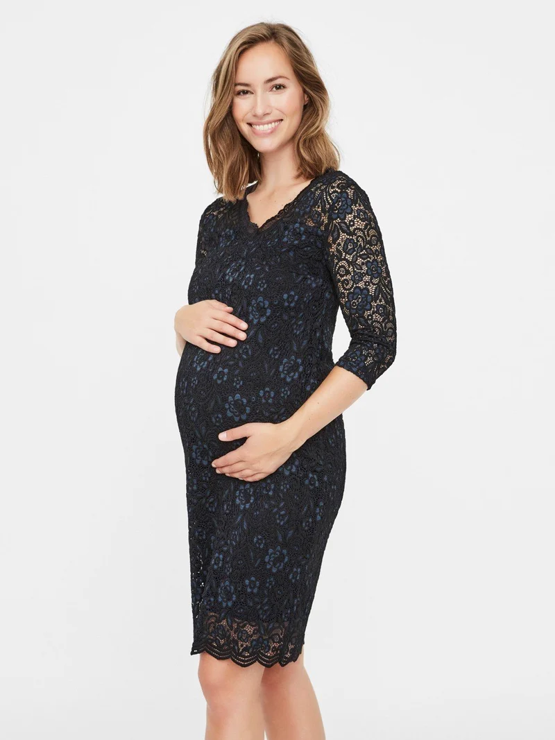 Mamalicious zweifarbiges Umstandskleid aus Spitze – Blau/Schwarz