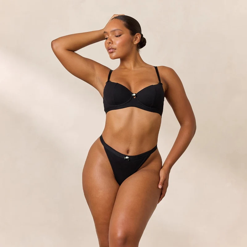 Rosebud Ribbed Balcony Bra - Black
