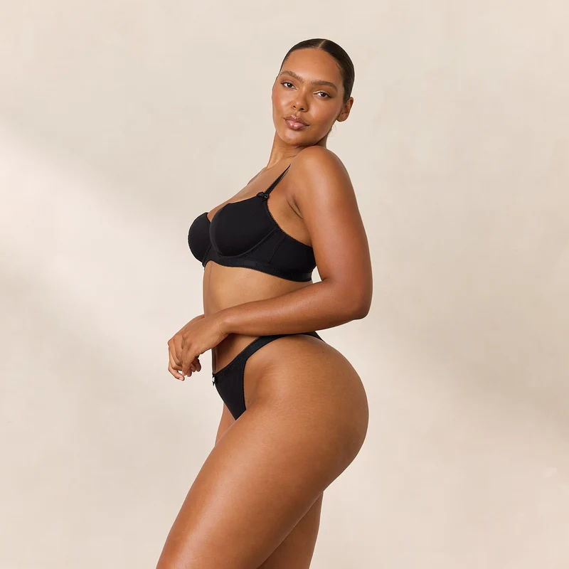 Rosebud Ribbed Balcony Bra - Black