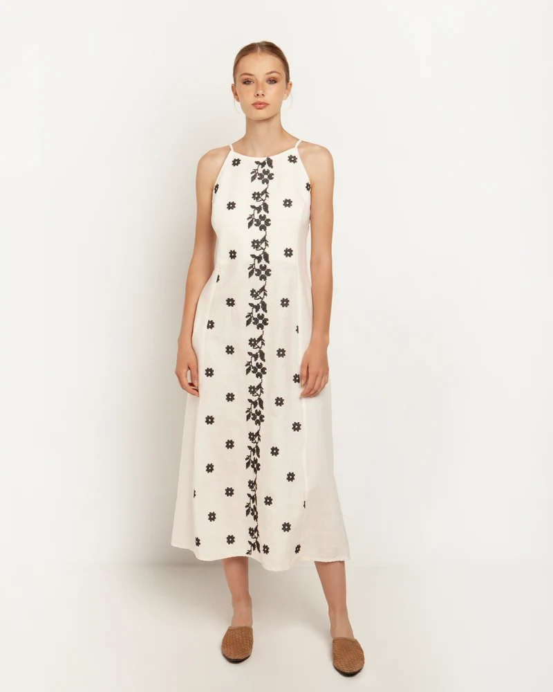Midi Embroidered Strappy Dress