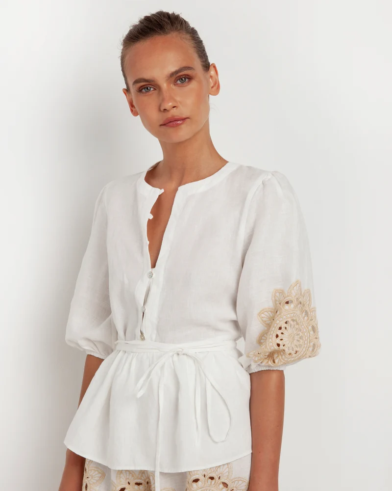 Daisy Embroidered Blouse with Belt