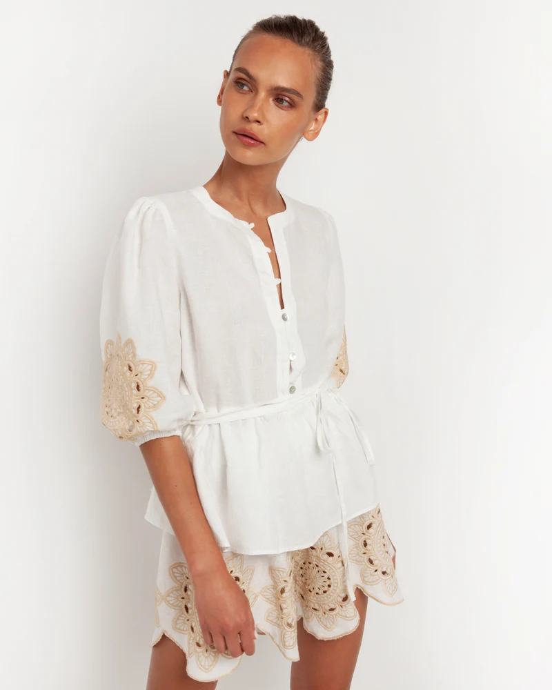 Daisy Embroidered Blouse with Belt