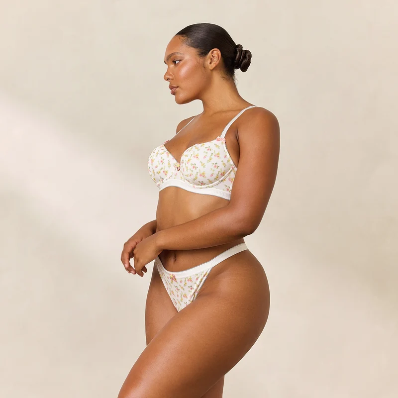 Rosebud Ribbed Balcony Bra - White Floral