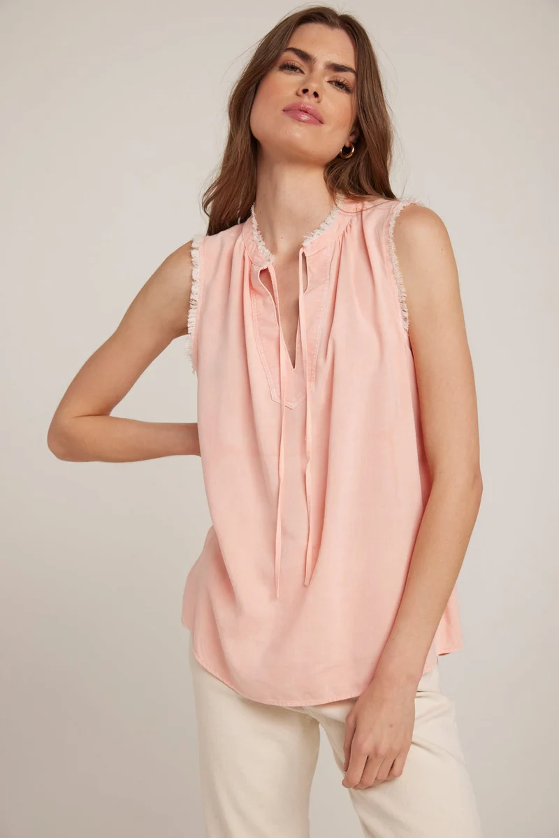 Sunset Coral Sleeveless Fray Edge Pullover