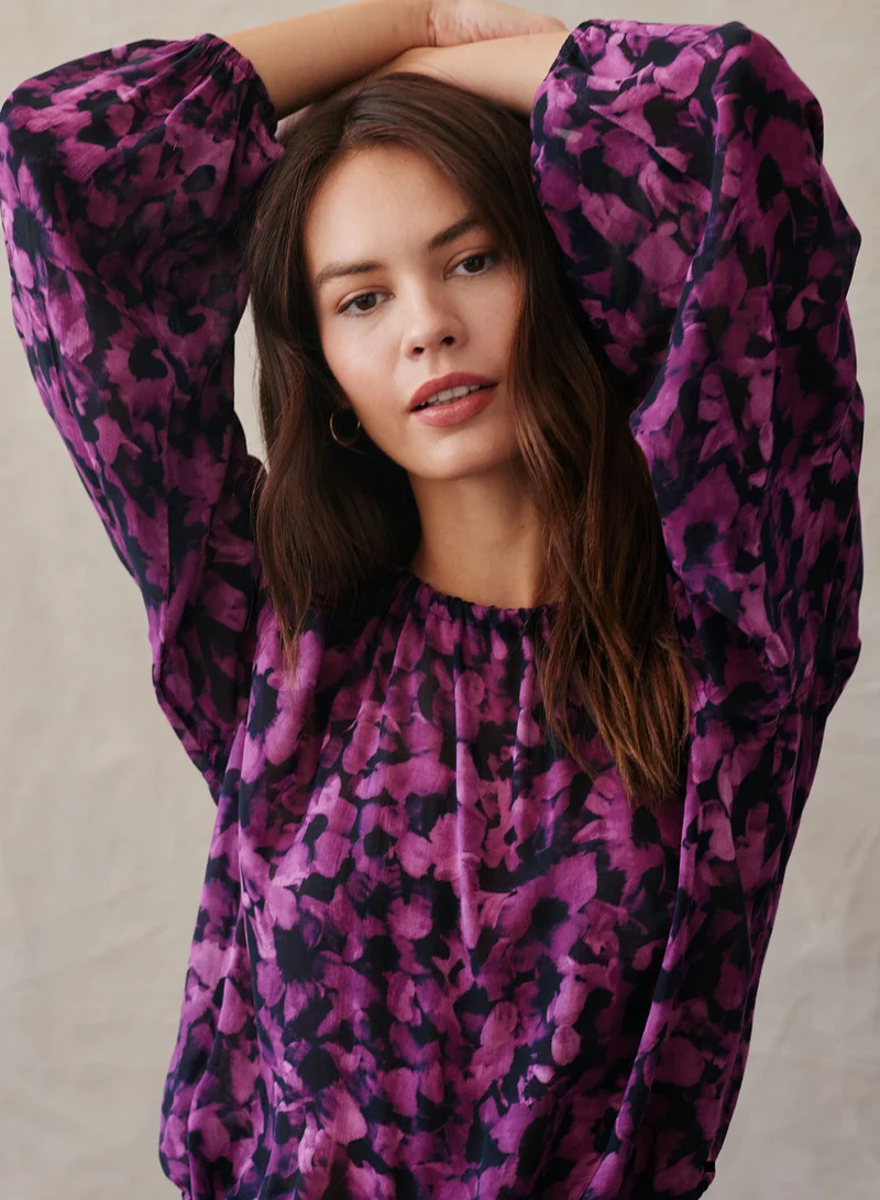 Berry Floral Elastic Shirred Blouse