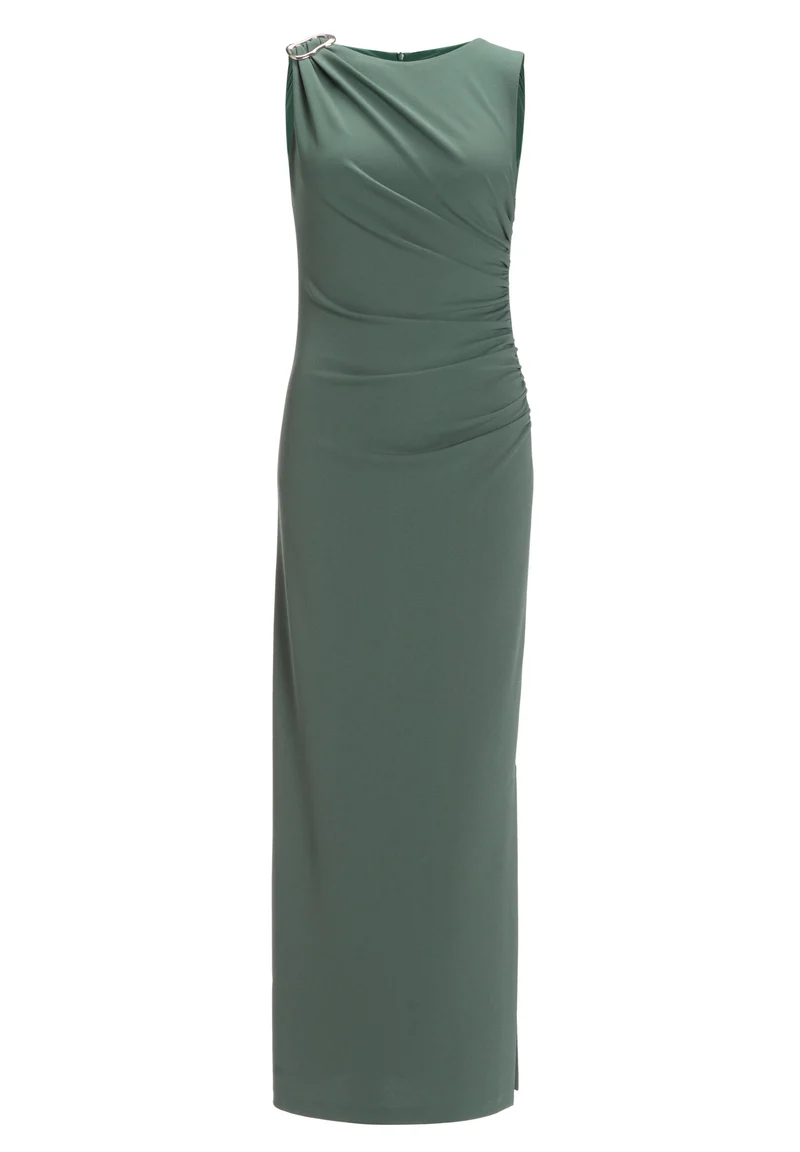 Abendkleid aus Crepe Jersey mit Drapierung und Zierschnalle