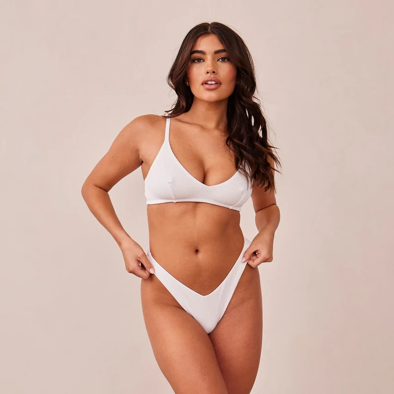 Ribbed Triangle Bra - White