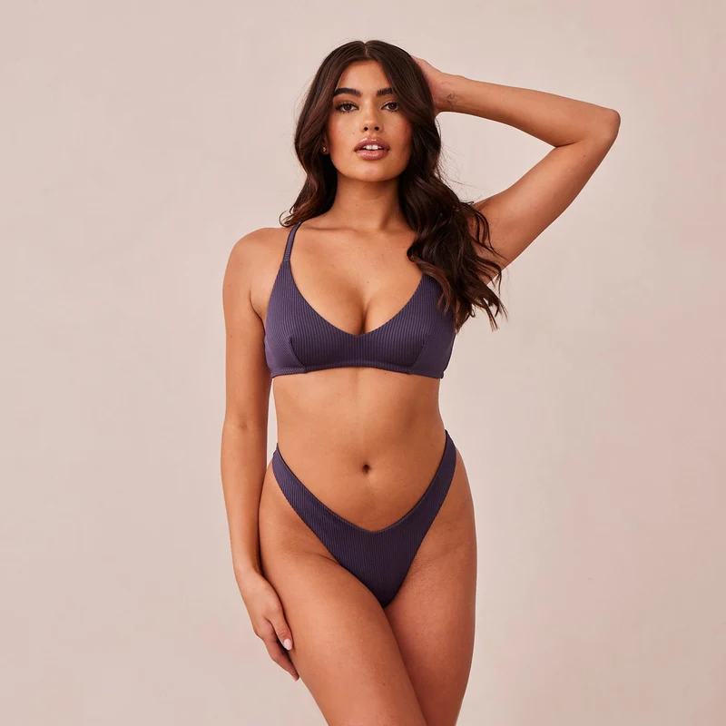 Ribbed Triangle Bra - Charcoal Blue