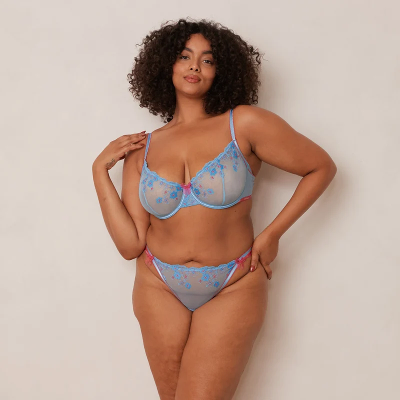 Floral Embroidered Balcony Bra - Blue