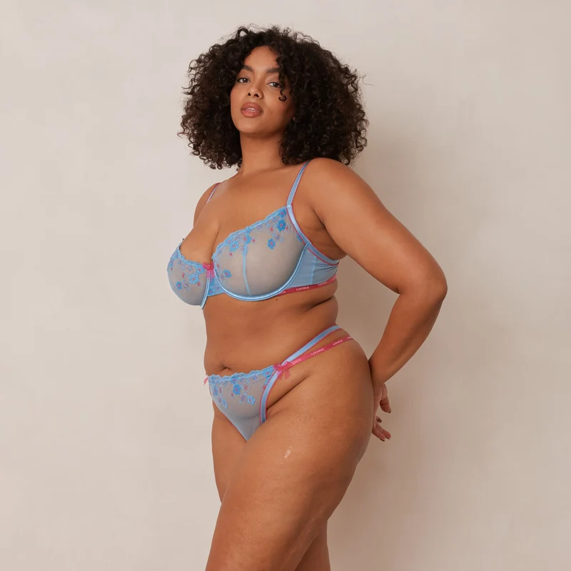 Floral Embroidered Balcony Bra - Blue