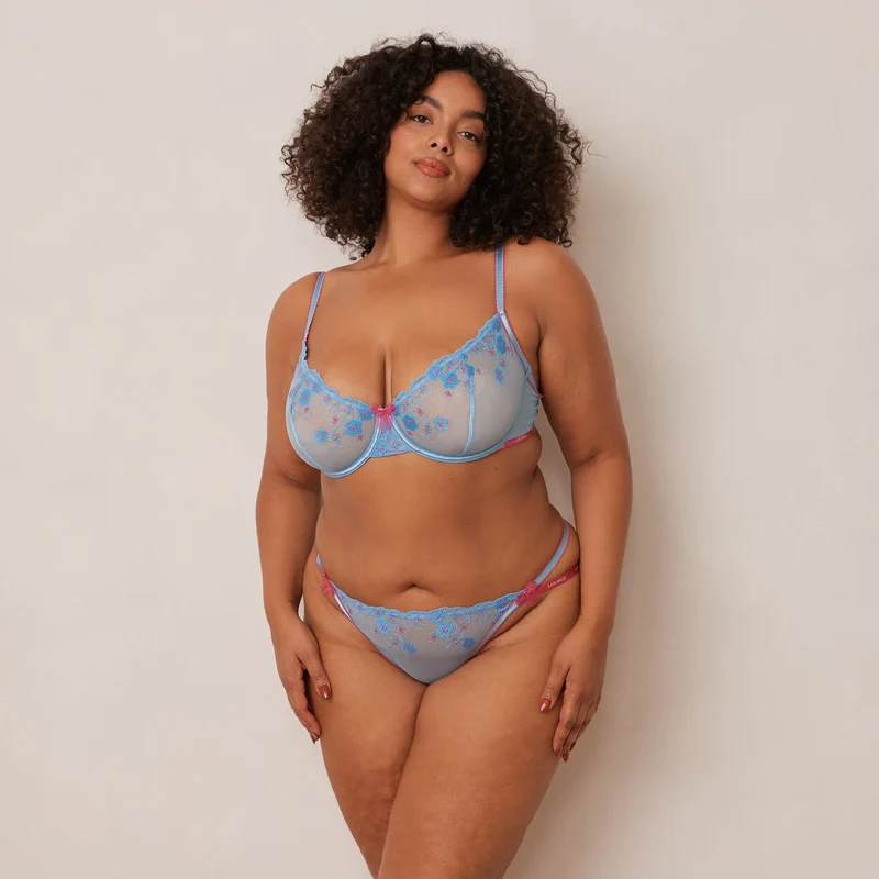Floral Embroidered Balcony Bra - Blue
