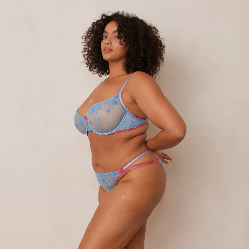 Floral Embroidered Balcony Bra - Blue