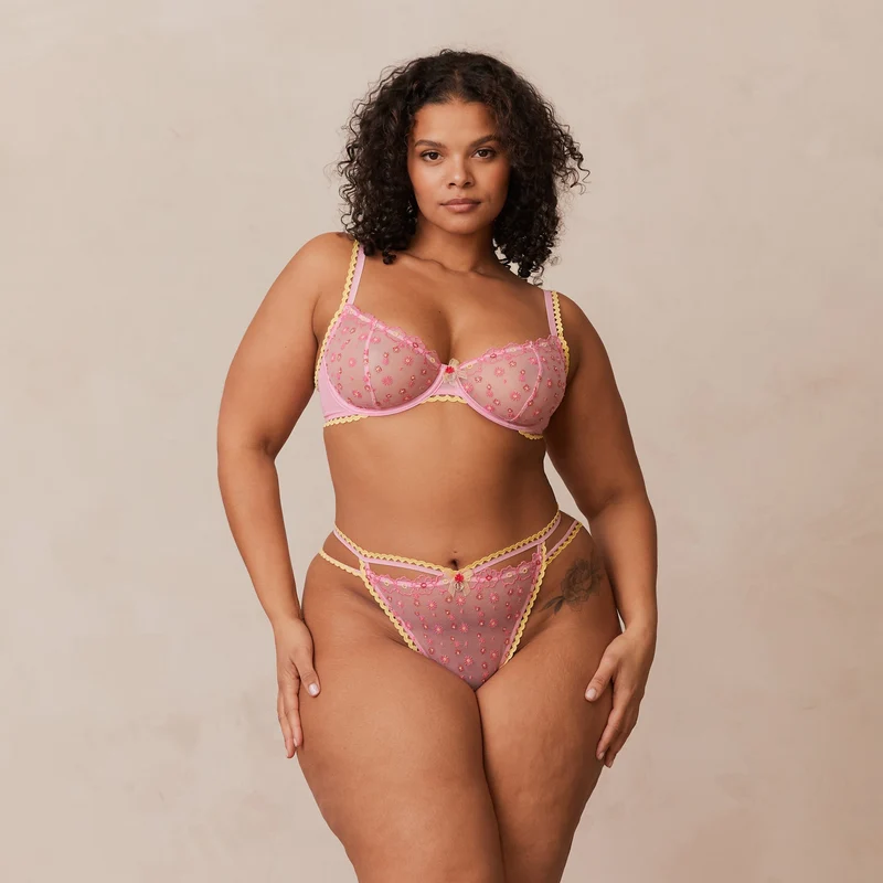 Daisy Embroidered Balcony Bra - Pink