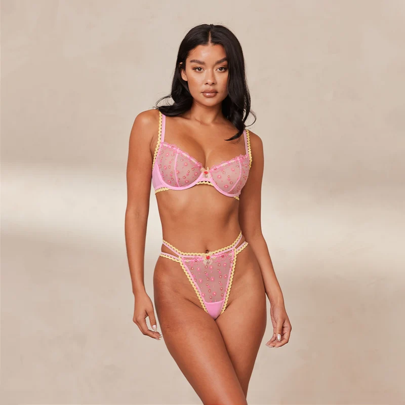 Daisy Embroidered Balcony Bra - Pink