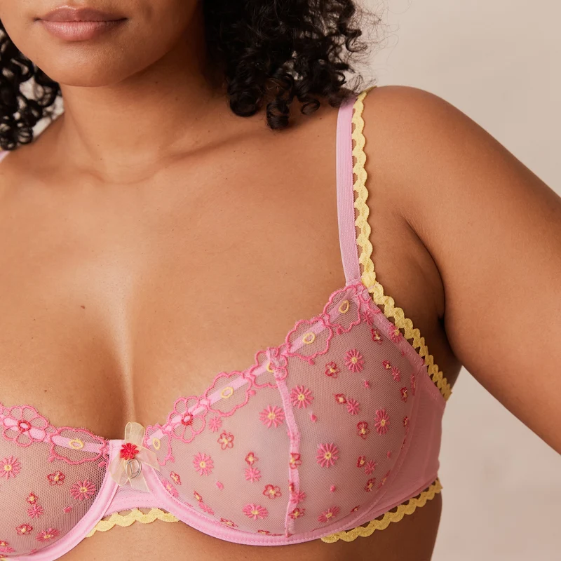 Daisy Embroidered Balcony Bra - Pink