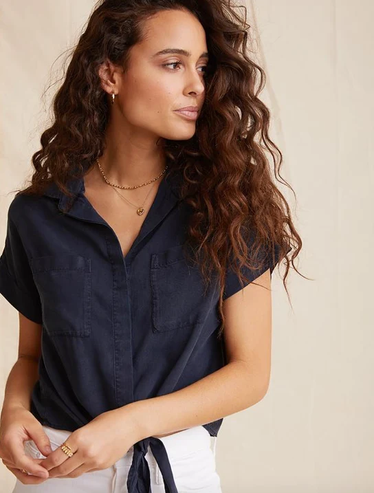 Navy Cap Sleeve Tie Front Shirt