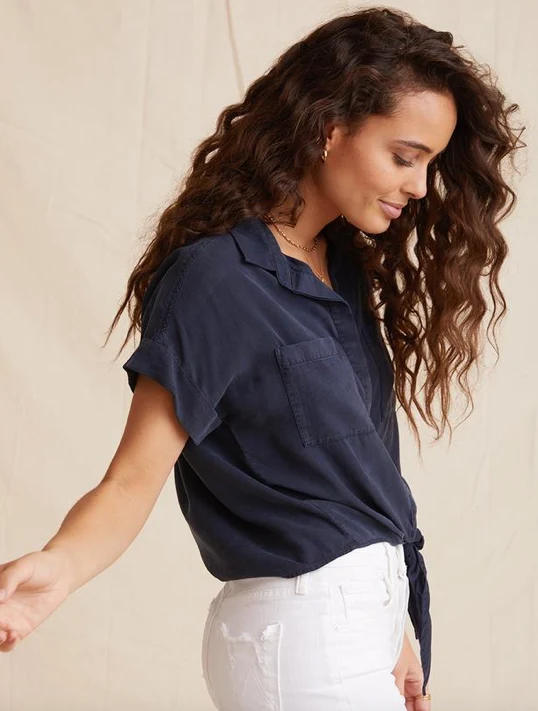 Navy Cap Sleeve Tie Front Shirt