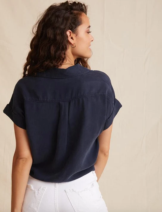 Navy Cap Sleeve Tie Front Shirt