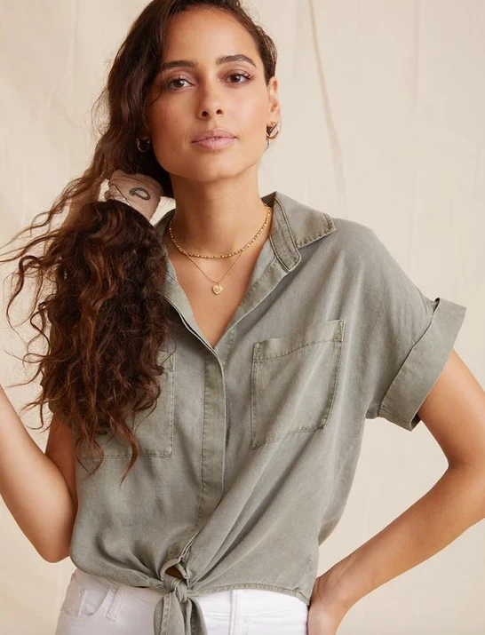 Khaki Cap Sleeve Tie Front Shirt