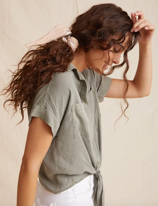 Khaki Cap Sleeve Tie Front Shirt