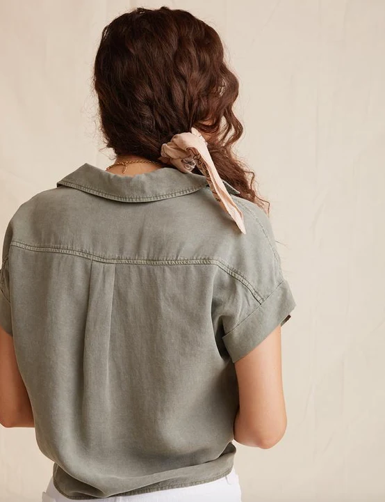 Khaki Cap Sleeve Tie Front Shirt