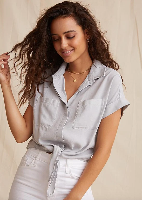 Grey Cap Sleeve Tie Front Shirt