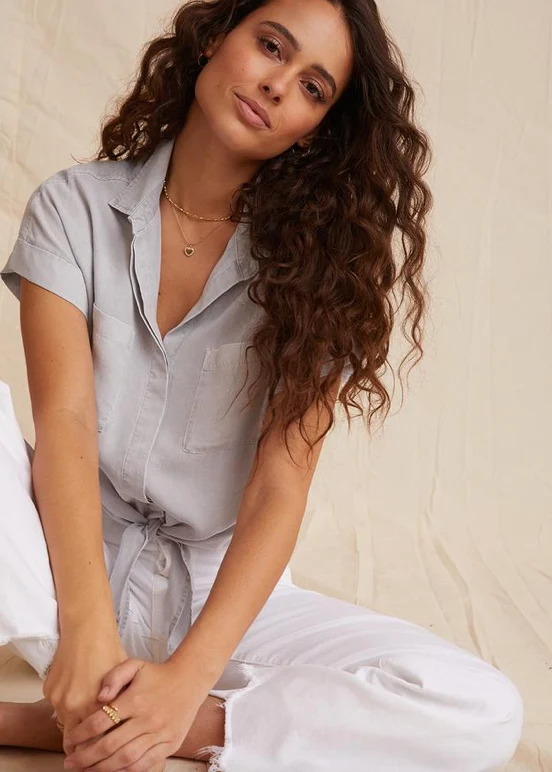 Grey Cap Sleeve Tie Front Shirt