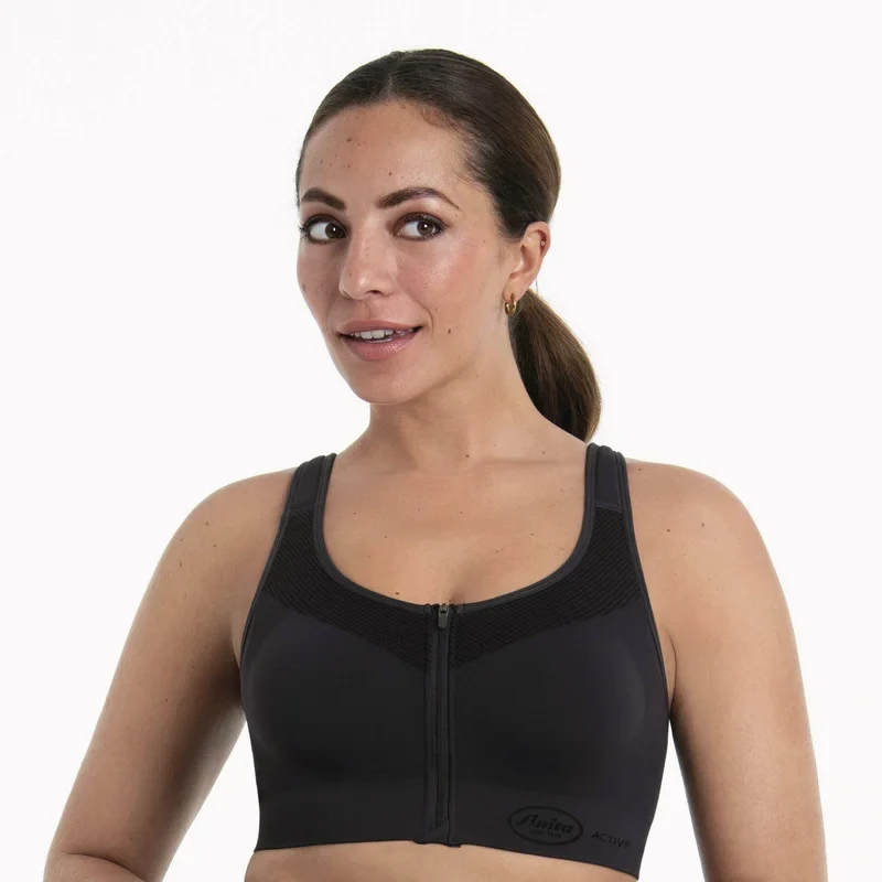 Anita Active – EasyMove Sporttop mit vorgeformtem Frontreißverschluss, Carbongrau