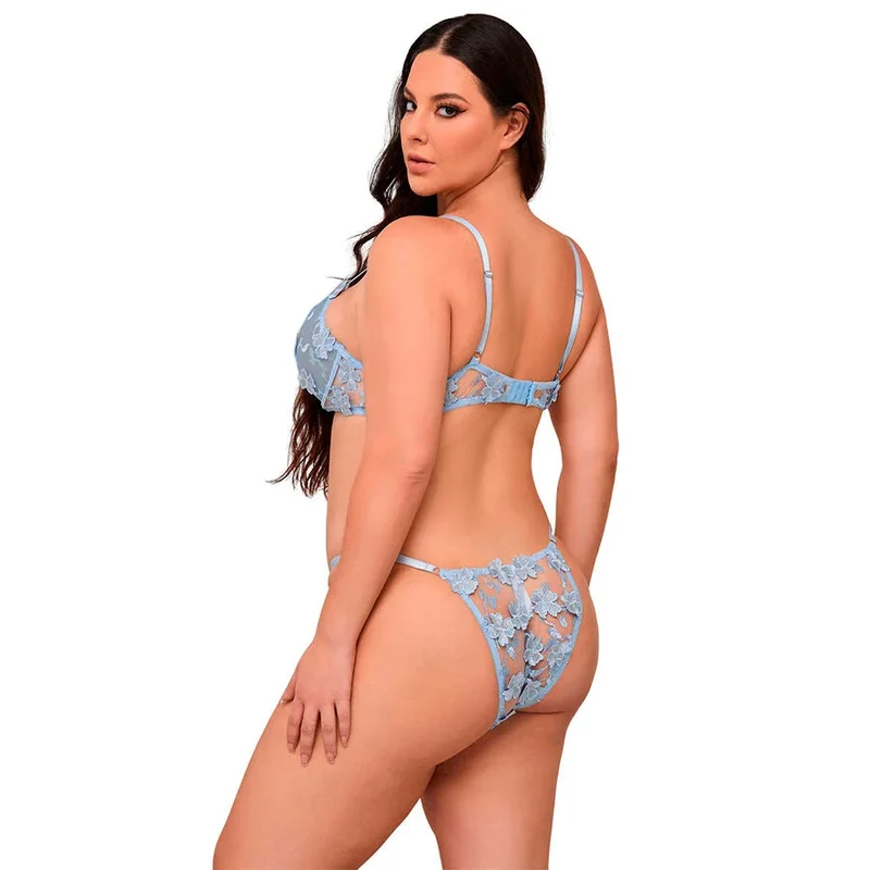 Himmelblaues Blütentraum-Dessous-Set