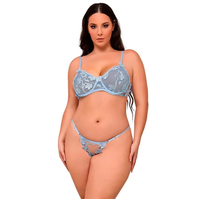 Himmelblaues Blütentraum-Dessous-Set