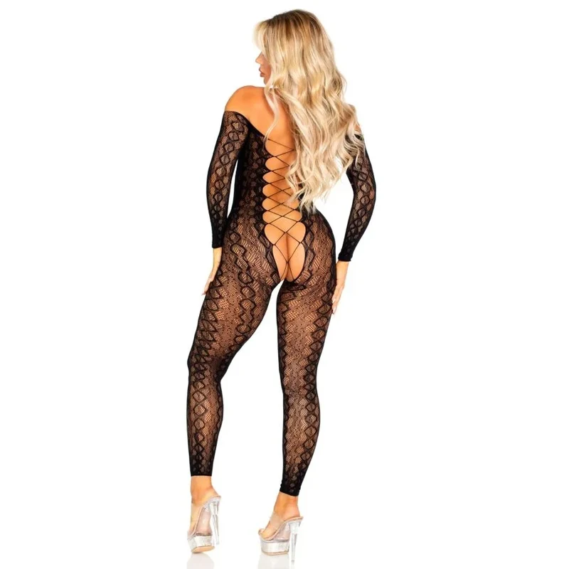 LEG AVENUE - BODYSTOCKING MIT OFFENEM SCHRITT AUS EXOTISCHER SCHLANGENSPITZE IN SCHWARZ