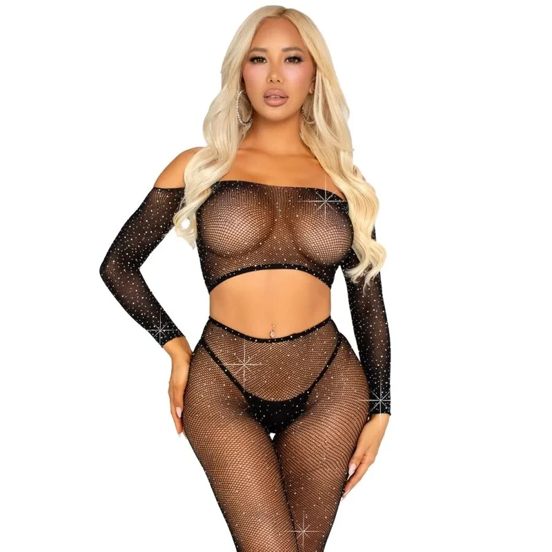 LEG AVENUE - CROP TOP UND NETZLEGGING MIT STRASS-STEINEN SCHWARZ