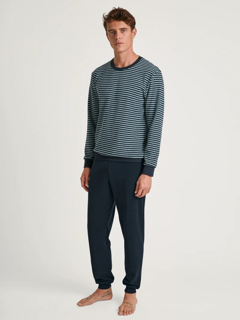 HERREN Pyjama mit Bündchen, blue satin