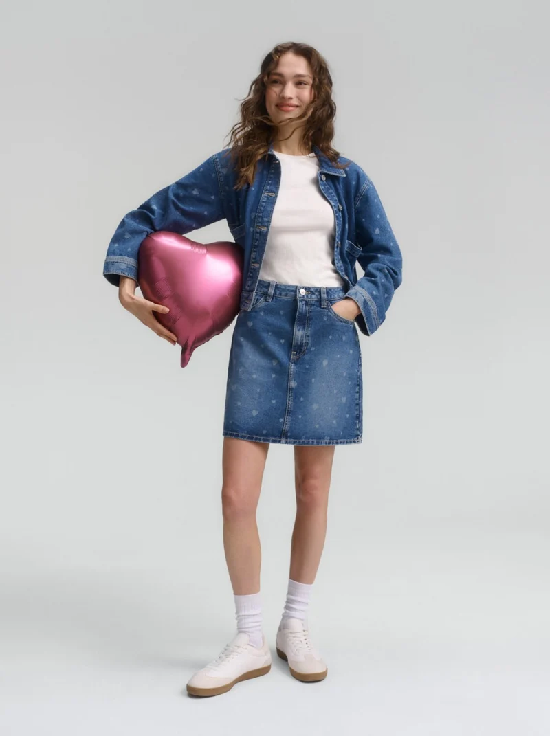 Mini-Jeansrock mit Herz-Print