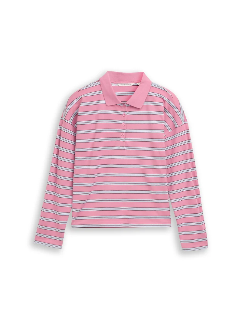 Boxy Fit Langarm Poloshirt mit Streifenmuster