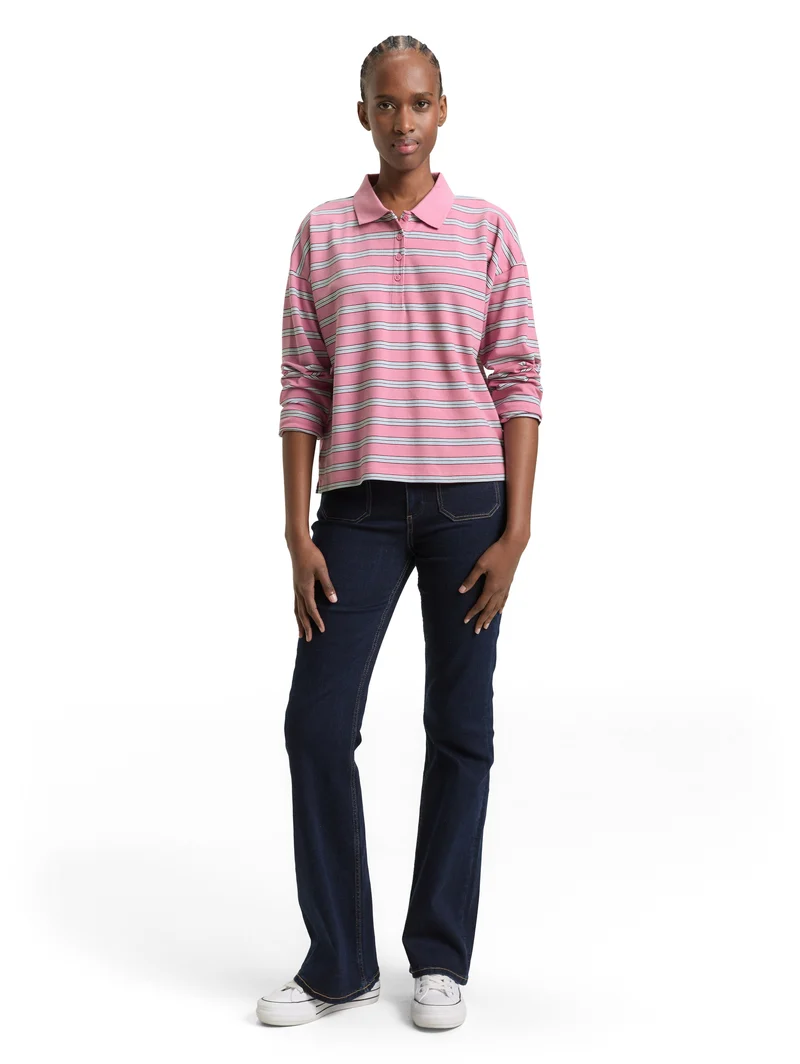 Boxy Fit Langarm Poloshirt mit Streifenmuster