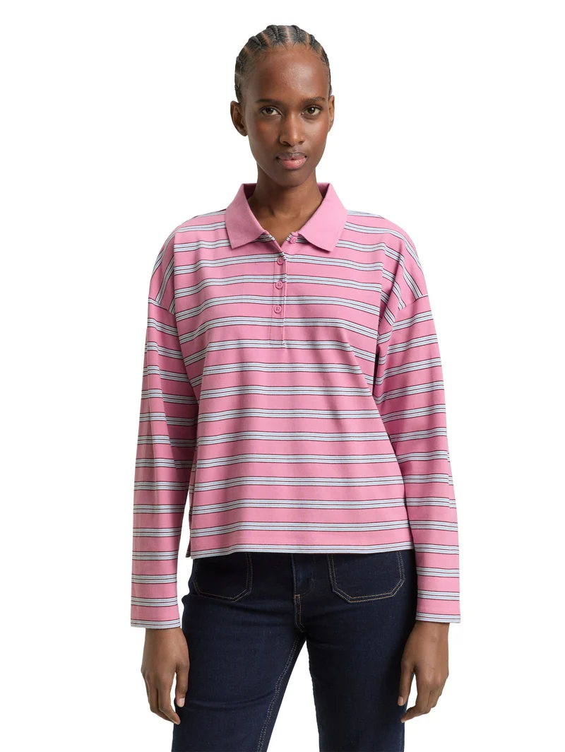 Boxy Fit Langarm Poloshirt mit Streifenmuster